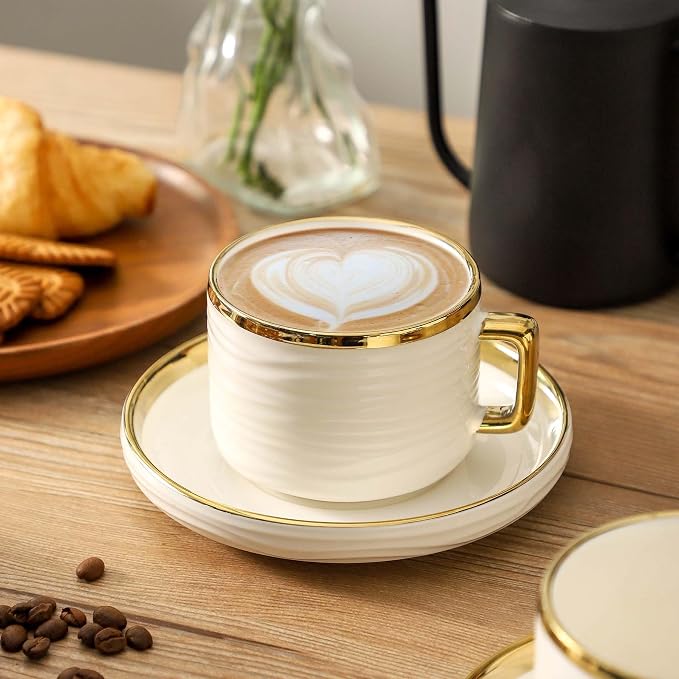 LETAOTAO Cappuccino Cups with Saucers, Coffee Mugs with Gold Trim Set of 4 | - Image 5