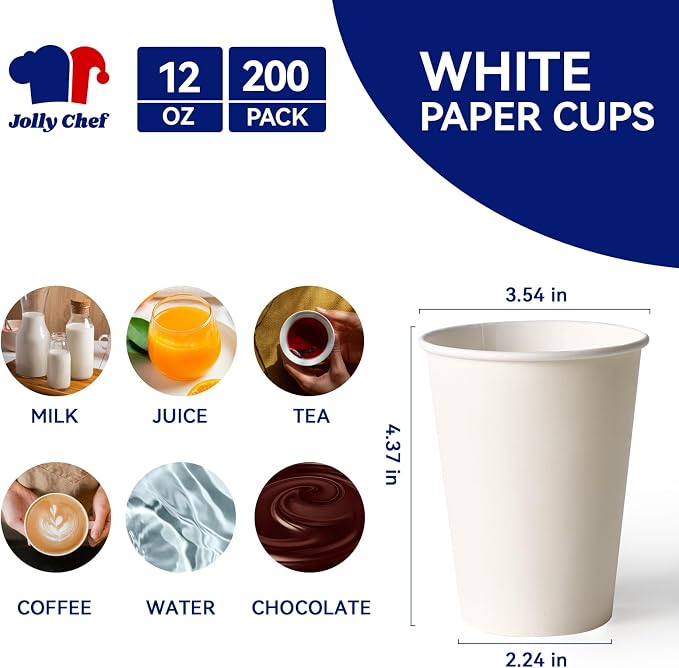 JOLLY CHEF 200 Count 12 oz Coffee Cups, Leak-Proof White Paper Cups - Image 2