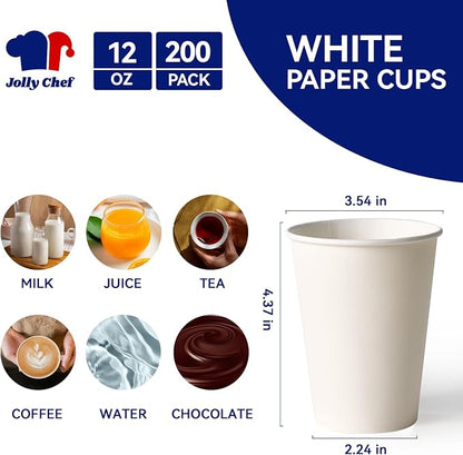 JOLLY CHEF 200 Count 12 oz Coffee Cups, Leak-Proof White Paper Cups - Image 2