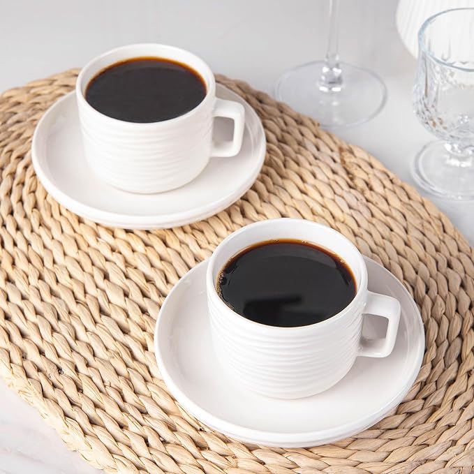 Tea Cups and Saucers Set, 8 OZ White Porcelain Coffee Cups | British Tea Set of - Image 6