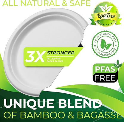 150pcs 100% Compostable 9in Paper Plates, Heavy Duty Disposable Eco Friendly Dinner Plates, Biodegradable Made of Sugarcane Fiber
