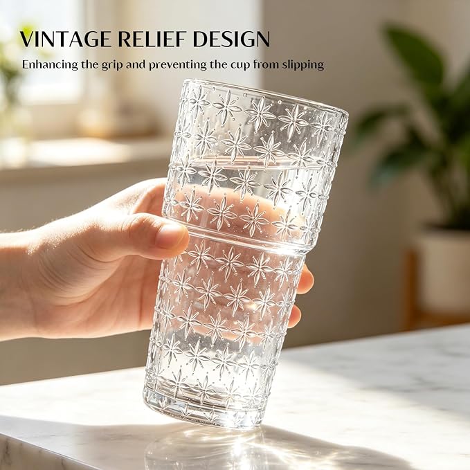 INSETLAN 20oz Sparkling Star Glass Cups Set of 4, Vintage Drinking Glasses - Image 2