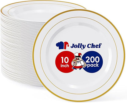JOLLY CHEF 200 Pieces Gold Plastic Plates, 10 Inch Elegan Disposable Plates White Plate with Gold Rim,Plastic Plates for Christmas、Birthdays and Weddings