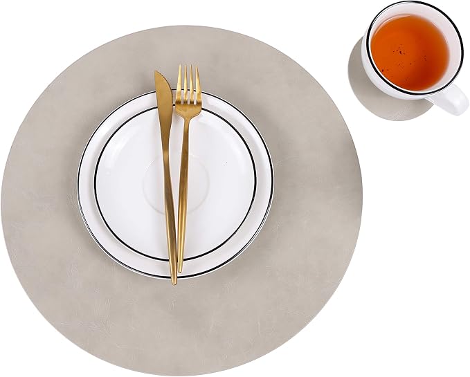 Set of 8 Faux Leather Round Placemats and Coasters, Coffee Mats Kitchen Table by JOVONO