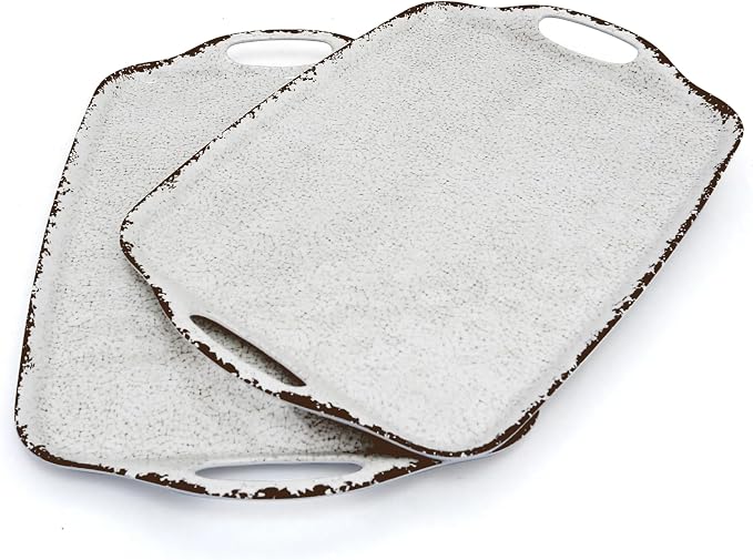 TP Melamine Serving Trays with Handles, Rustic White | Large Rectangular Trays by TastePrime