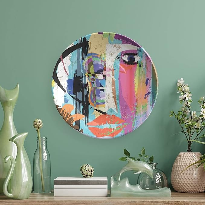 Ceramic Display Plate, Abstract Ceramic Hanging Decorative Plate, Woman Face Art Paint Strokes and Splashes Eye Red Lips Grungy, 7 Inch, Living Room Kitchen Decoration Household, Multicolor