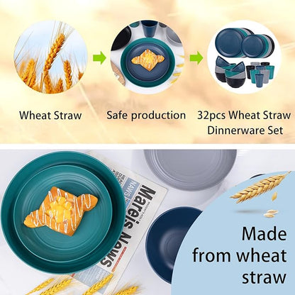 Supernal 32pcs Wheat Straw Dinnerware Sets,Plastic Plates and Bowls Sets for 8,Unbreakable Plates and Bowls Sets Dishwasher Safe Fun Colors Perfect for Cooking Family Camping Picnics