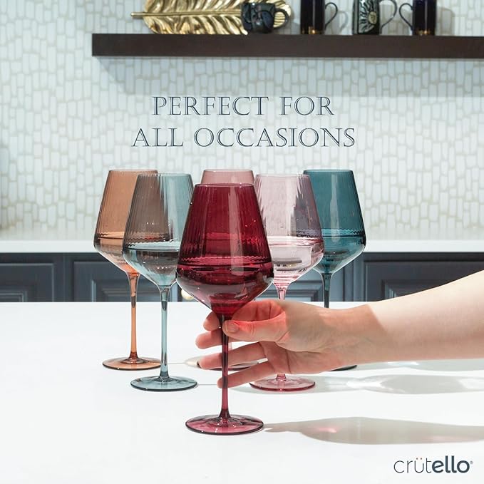 Crutello Modern Colored Wine Glasses 16 oz Glassware - Colorful Glasses Set of 6, Unique Fluted Colored Glassware with Ribbed Texture, Art Deco Red & Fancy White Wine Glass