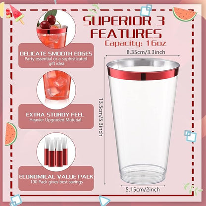 Patelai 100 Pcs 16oz Plastic Cups Disposable Rimmed Cups Heavy Duty Drinking Wine Glasses for Christmas Winter Birthday Beer Taste Serving Snack Sample Tastings Barbecues Picnic(Red)