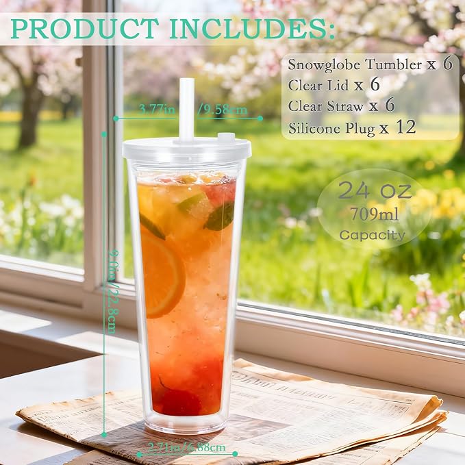 6 Pack 24Oz Snow Globe Tumblers, Double Wall Acrylic Pre Drilled Snow Globe Cup - Image 2