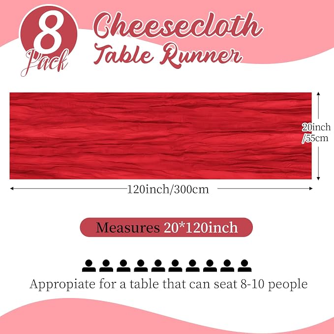 8 Pack Red Cheesecloth Table Runners 20x120 Inch Gauze Table Runner 10FT Easter - Image 2