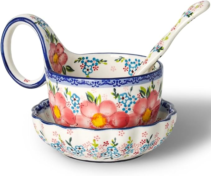 silesia Handmade Loop Handle Soup Bowl, Plate and Spoon Set Ceramic Hand by silesia