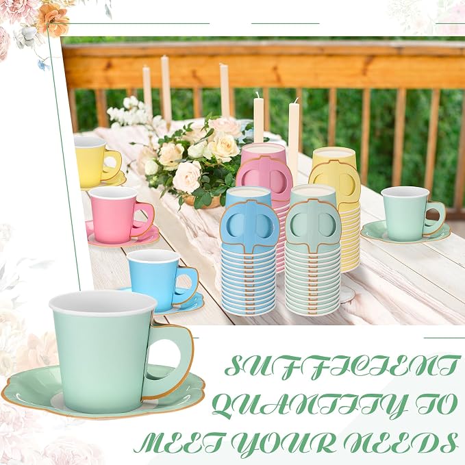 Umigy 60 Sets Pastel Tea Party Decorations 6.5 oz Paper Teacups & Saucer Set - Image 5
