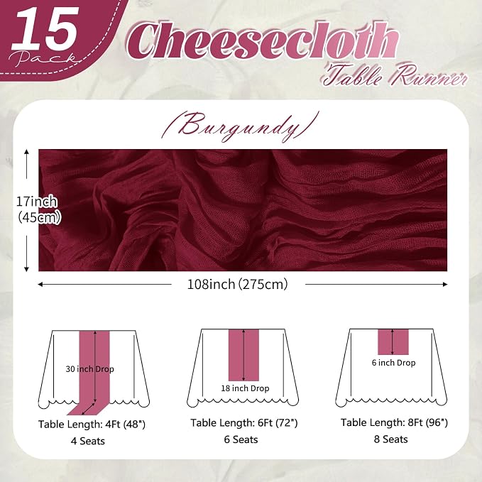 15 Pack Burgundy Cheesecloth Table Runner 17 x 108 inch Cheese Cloth Table - Image 2