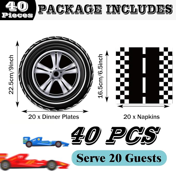 40 Pcs Race Car Party Plates and Napkins Set-9 inch Race Car Paper Dinner - Image 2
