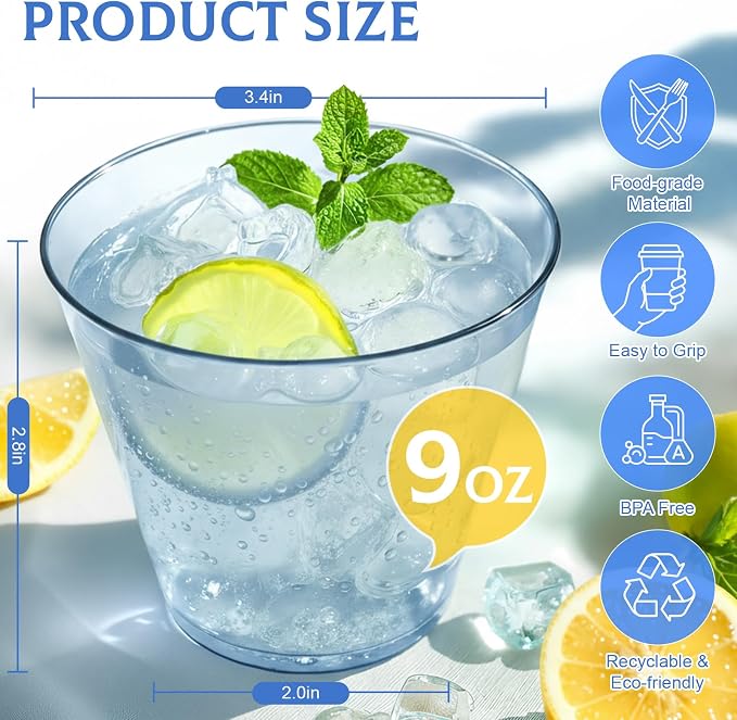 Glowserve 9 OZ Blue Disposable Plastic Cups Cocktail Cup 150 Pack | Fancy - Image 4