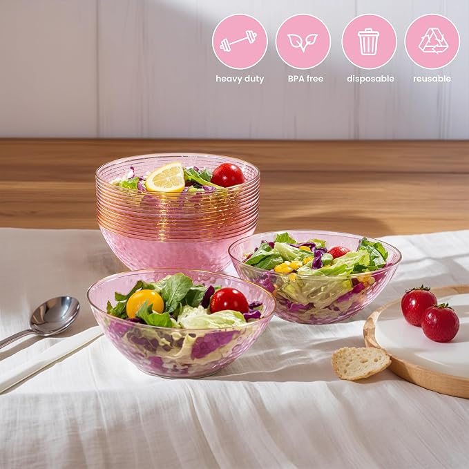 50 Pack 12 Ounce Pink Plastic Bowls Serving Bowls Hammered Clear Bowl - Image 3
