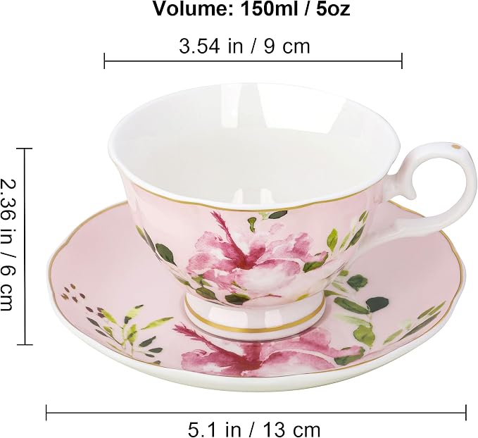 fanquare 5-Ounce Floral Tea Cups and Saucers Set of 6, Dishwasher & Freezer - Image 6