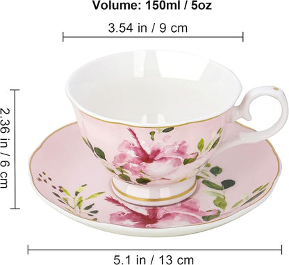 fanquare 5-Ounce Floral Tea Cups and Saucers Set of 6, Dishwasher & Freezer - Image 6