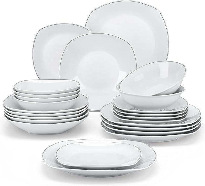MALACASA Dinnerware Sets, 24 Piece Porcelain Square Dishes, Ceramic Dish Set by MALACASA