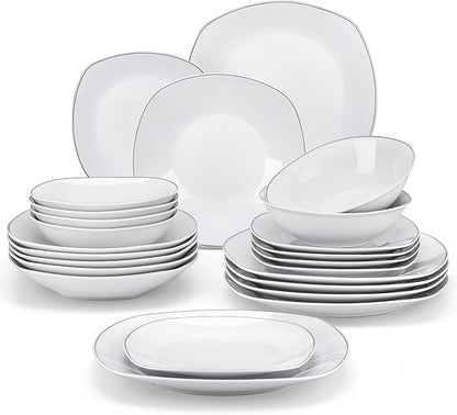 MALACASA Dinnerware Sets, 24 Piece Porcelain Square Dishes, Ceramic Dish Set by MALACASA