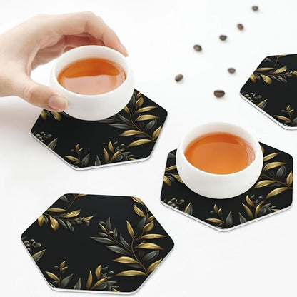 4Pcs Leather Coaster for Drinks Golden Olive Branch Cup Coasters Aesthetic - Image 6