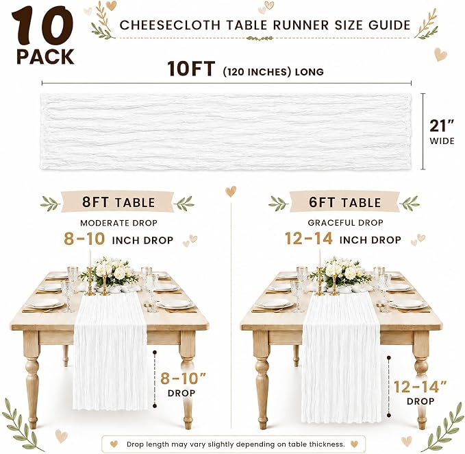 10 Pack White Table Runner 10FT Gauze Cheesecloth Table Runner | 21x120 Inch - Image 3