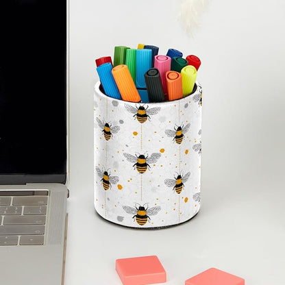 Leather Pen Holder for Desk, Bees Pencil Cup Pen Organizer Makeup Brush Holder - Image 5