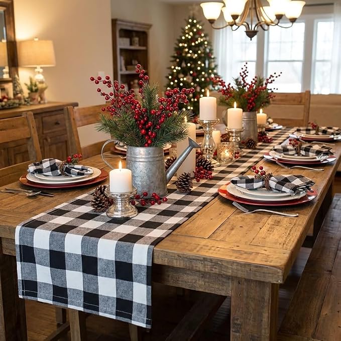 ShinyBeauty Black & White Buffalo Plaid Runners 120 inches Long Classic - Image 2