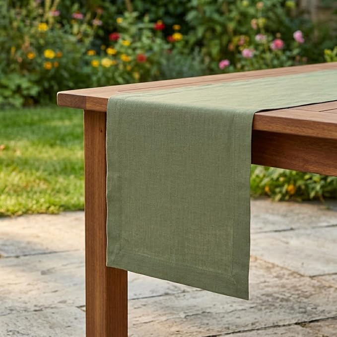 Solino Home 100% Pure Linen Table Runner Oil Green Long, Fete 14 x 132 in | by SolinoHome
