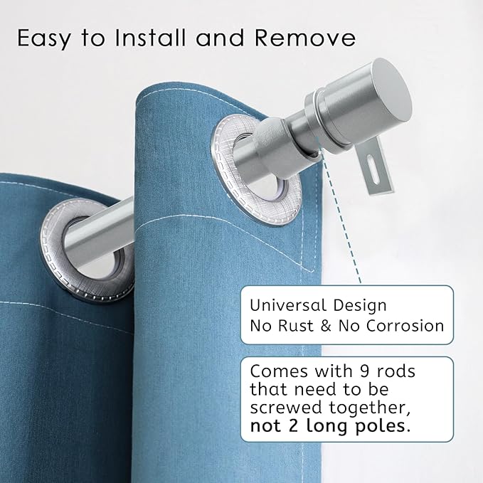 Curtain Rods for Windows 16 to 144 Inches Adjustable Length 1 Inch Diameter Window Curtain Rod with Aluminium End Cap, Silver Gray