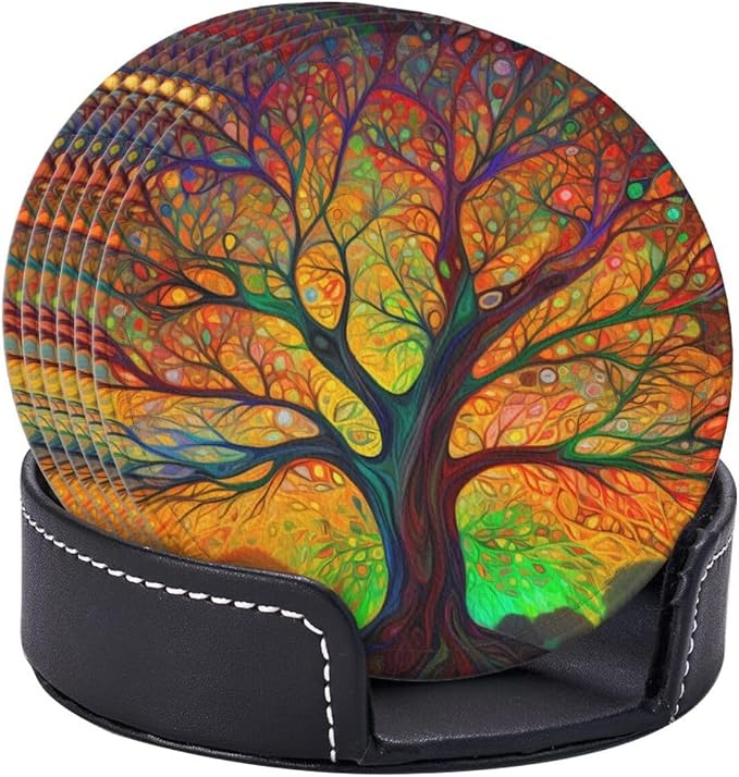Tree of Life Colorful Leaves Leather Coasters Set of 6 - Image 9