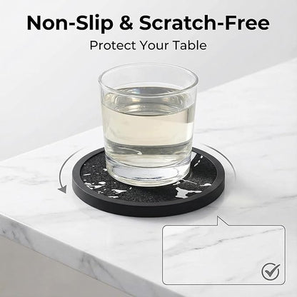 Absorbent Coasters for Drinks with Holder - 6packs, Silicone Coaster with Soft Felt Insert (4.5 inch Holder, Marble Pattern)