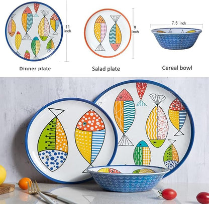 Melamine Dinnerware set for 4, Plates and Bowls Sets, Great for Camper, RV, Indoors Outdoors Use with Ocean Printed, Unbreakable