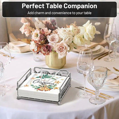 Napkin Holder for Table, Flat Napkin Dispenser with Weighted Arm, Square Cocktail Paper Holder of Elegant Rustic Iron for Kitchen Dining Room Decor Restaurant Farmhouse Hotel Party, Silver