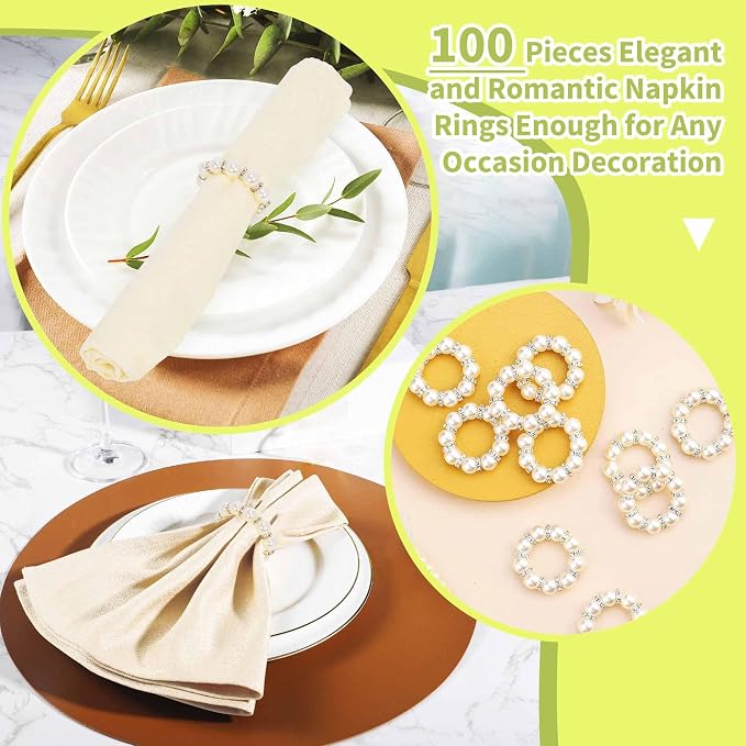 GENMOUS Set of 100 Silver Pearl Napkin Rings, Elegant Imitation Beaded Stylish - Image 4