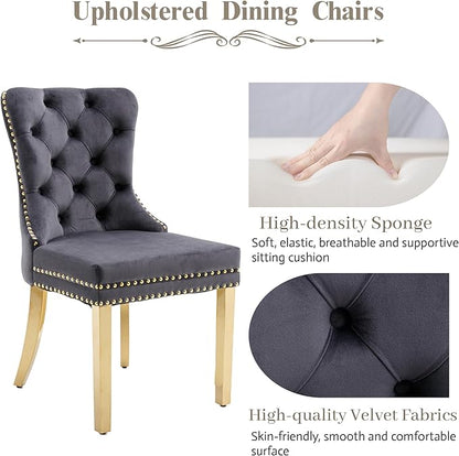 KCC Velvet Dining Chairs Set of 6, Upholstered High-end Tufted Dining Chair with Nailhead Back Ring Pull Trim Stainless Steel Legs, Contemporary Nikki Collection Modern Style for Kitchen, Dark Gray