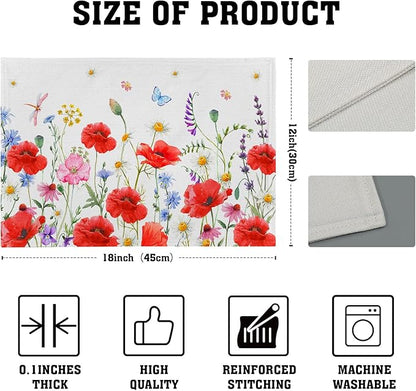 Red Poppy Floral Spring Place Mats Set of 4,Summer Flowers Leaves Place Mats Seasonal Table Mats for Party Kitchen Dining Decoration 12x18 Inch