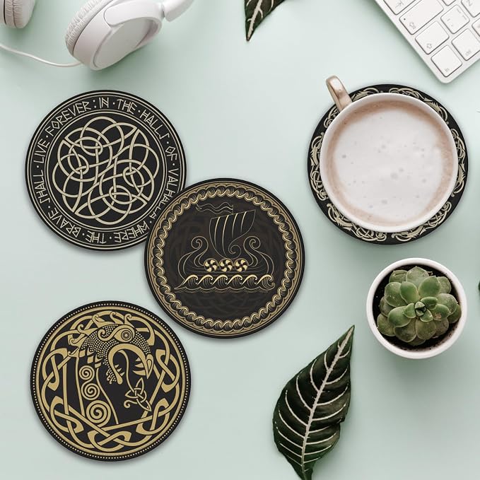 Black Viking Magical Runic Runes Leather Drinks Coasters - Image 3