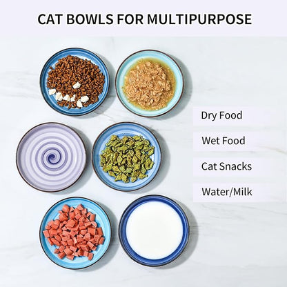 Selamica Ceramic Cat Food Bowl, 6 Inch Cat Bowls Whisker Friendly, Shallow Wide Kitten Plates for Food and Water, Set of 6, Gradient Blue