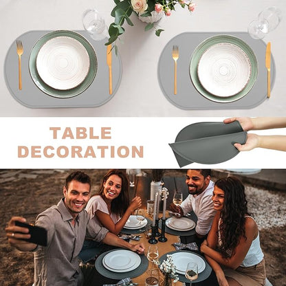 uxcell 2 Pcs Oval Silicone Placemat, 15.4" x 10.4" Non-Slip Washable Table Placemats Heat Resistant Waterproof Mat with High Edge for Table Kitchen Desk Protection, Dark Gray