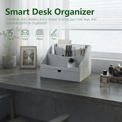 Pine Wood Mail Organizer for Desk - Rustic Farmhouse Mail Sorter Countertop Organizer for Letter Paper, Files & Everyday Essentials - Wooden Folder Organizer with Drawer for Home & Office Decor (Gray)