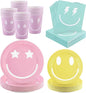 Kochorie 96 Piece Preppy Smiley Face Party Paper Plates Preppy Smile Face Party Decorations Preppy Tableware Set Paper Smile Face Plates Cups Napkins Cutlery Serve 24 Guest for Birthday or Baby Shower