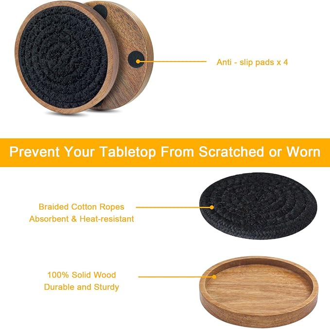 Wood Coasters for Drinks, Eykao Absorbent Coaster Sets of 5, Woven Drink - Image 5