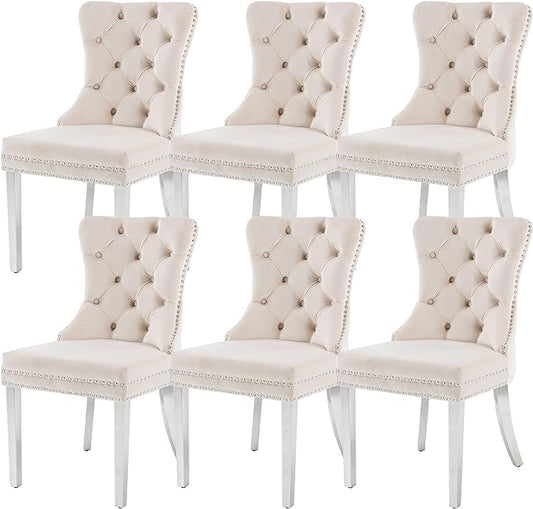 KCC Velvet Dining Chairs Set of 6, Upholstered High-end Tufted Dining Room Chair with Nailhead Back Ring Pull Trim Stainless Steel Legs, Contemporary Nikki Collection Modern Style for Kitchen, Beige