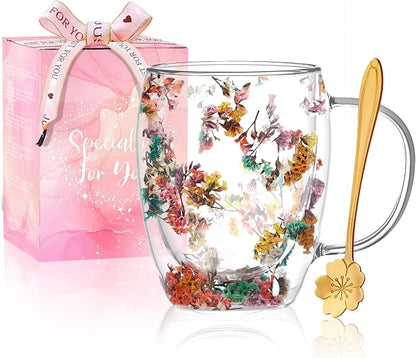 Gifts for Women Dried Flowers Double Wall Glass Coffee Mugs Cute Glass Tea Cups by Yalucky