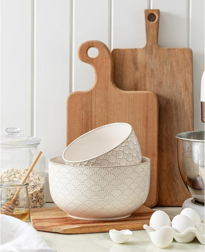 Mikiegy Ceramic Mixing Bowls Set of 2, Nesting Ceramic Embossment Stoneware - Image 2