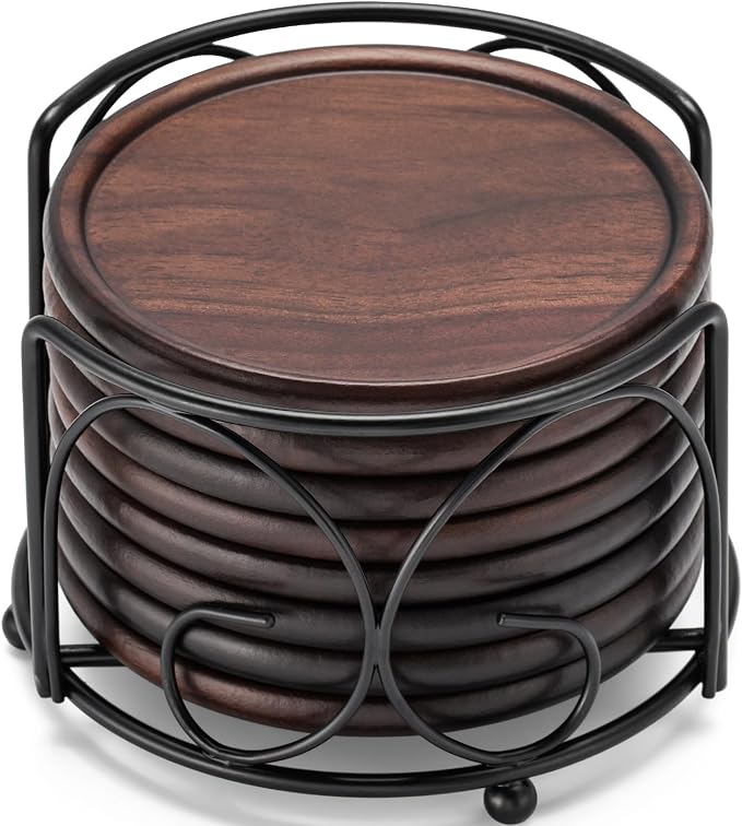 Wood Coasters with Holder, GOH DODD Set of 8 Walnut Wooden Coaster Tabletop by GOHDODD