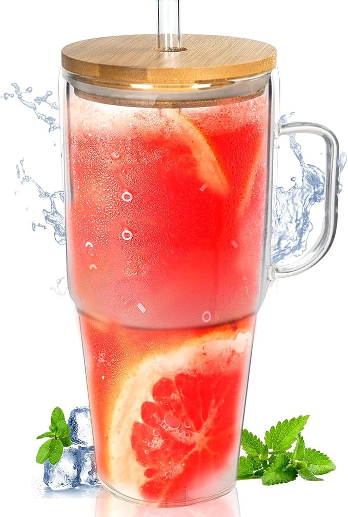 ANOTION Glass Cups with Lids and Straws - 40 Oz Tumbler with Handle and Straw by ANOTION