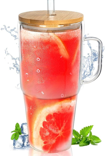 ANOTION Glass Cups with Lids and Straws - 40 Oz Tumbler with Handle and Straw by ANOTION
